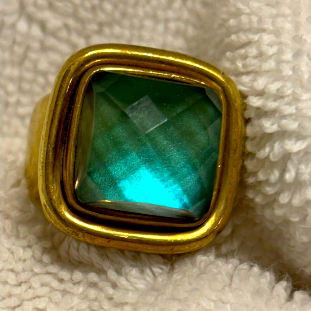 Stephen Vaubel, square stone on double bezel, 14k gold plate ring.